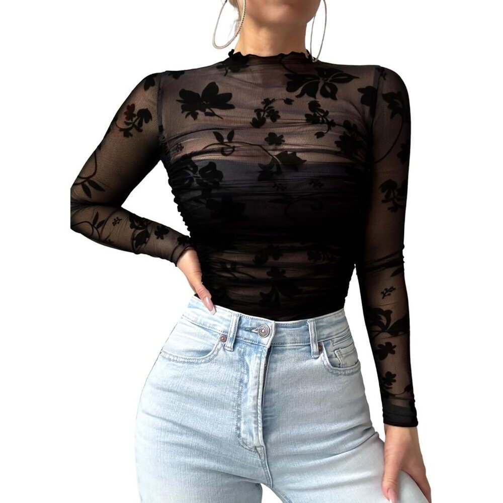 Women Mesh Long Sleeve Top Lace Mock Neck Sheer Blouse Casual Party